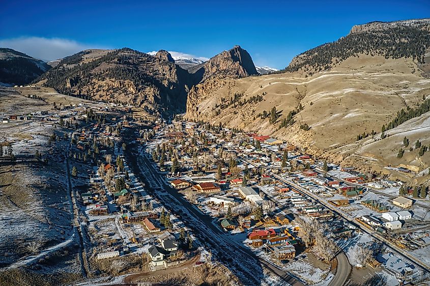 Aerial view of Creede, Colorado, in winter.