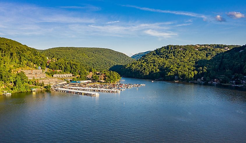 Wide panoramic view of Cheat Lake near Morgantown in West Virginia from aerial drone shot above the water