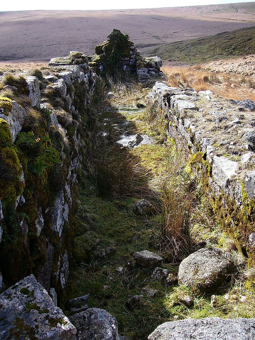 The remain of the wheelpit at Huntingdon mine on southern Dartmoor, UK.