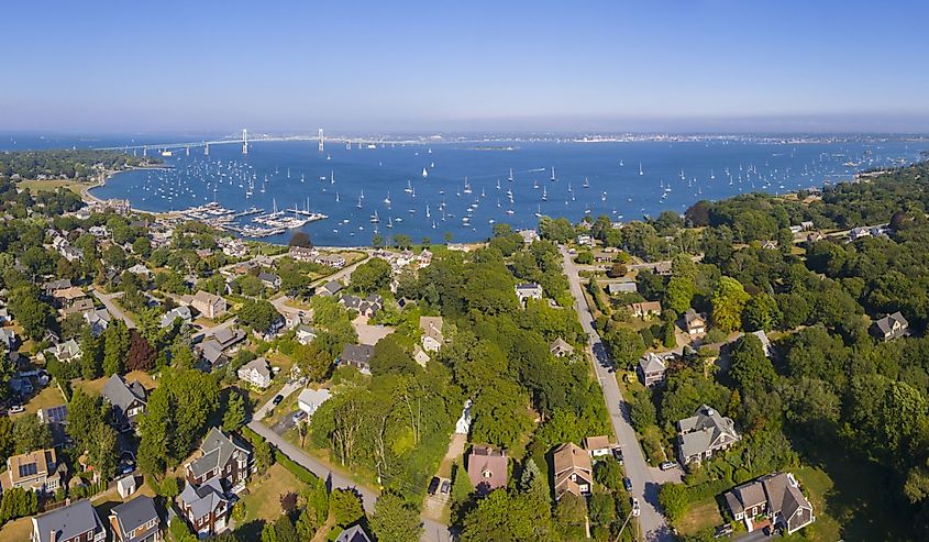 Claiborne Pell Newport Bridge on Narragansett Bay and town of Jamestown aerial view in summer, Jamestown on Conanicut Island, Rhode Island