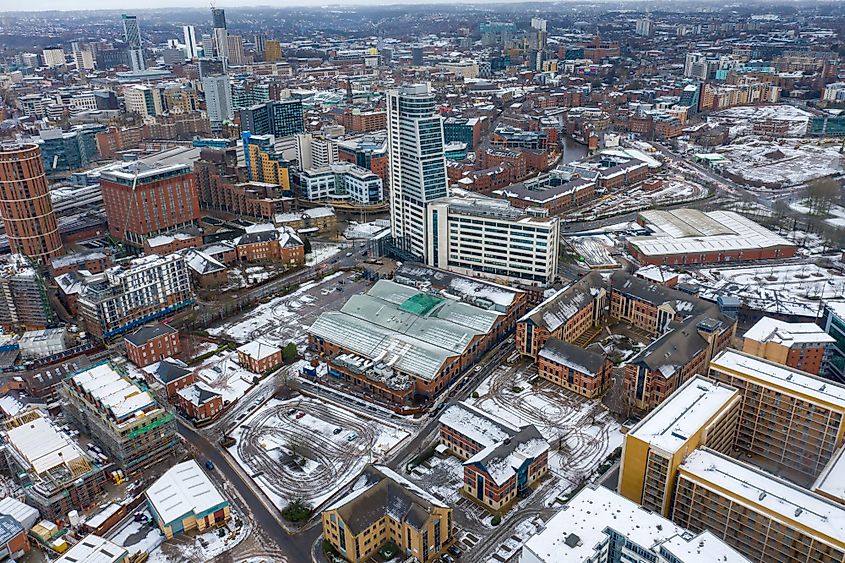 Aerial photo of the town center of Leeds in West Yorkshire during winter
