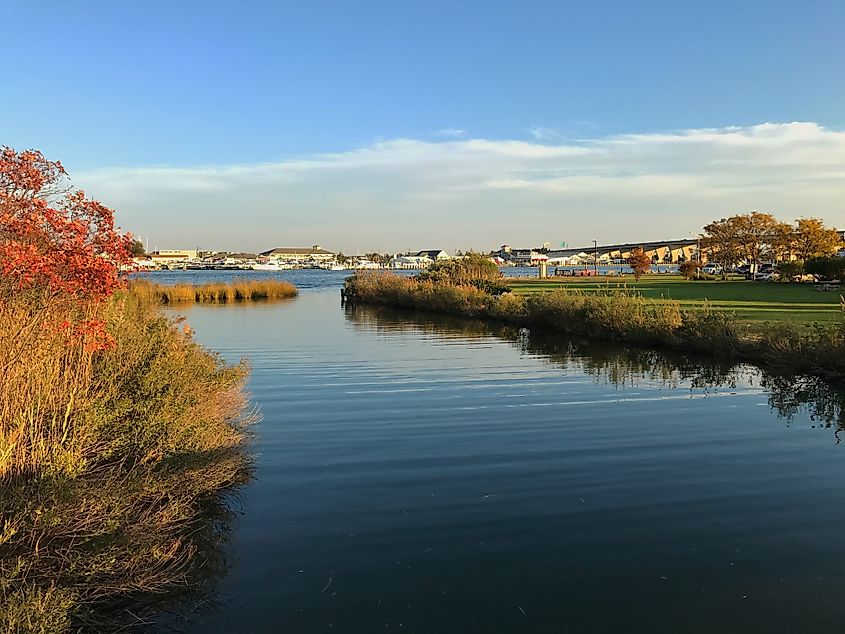 Kent Island, Maryland, Chesapeake Bay water view in Autumn on a beautiful sunny day with blue skies.