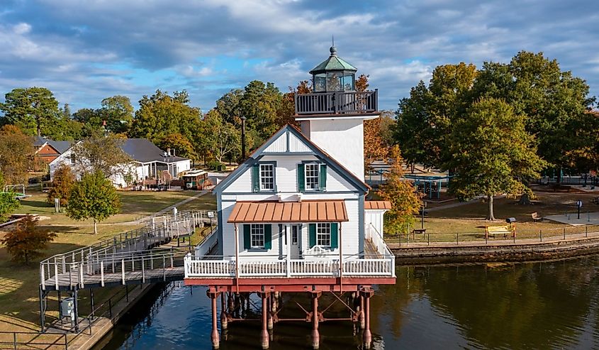 Aerial view of the Roanoke River Lighthouse in Edenton, North Carolina
