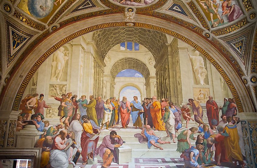 Plato and Aristotle walking and disputing. Detail from Raphael's The School of Athens, in Museums of Vatican.