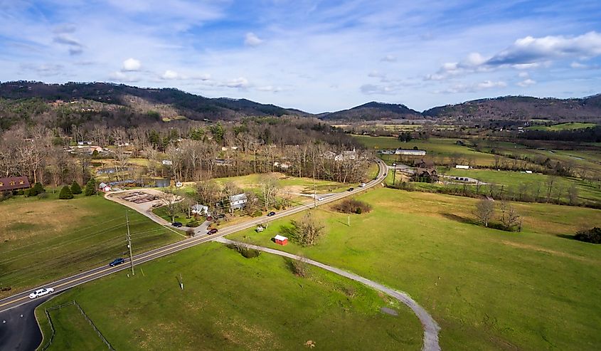 Aerial view city of Townsend in Tennessee next to the Smoky Mountains