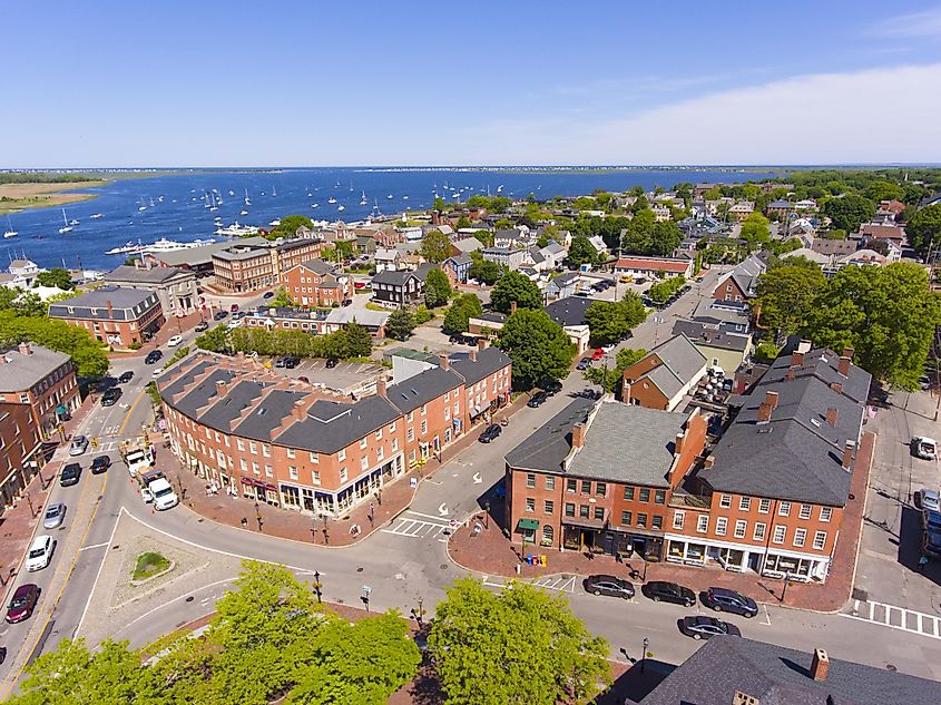 Aerial view of Newburyport's historic downtown, including State Street and Market Square, with the Merrimack River in the background, Newburyport, Massachusetts, USA.
