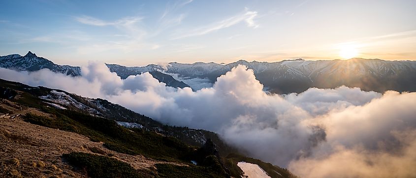 Sea of clouds atop Mount Tsubakurodake in the Japanese Alps of Nagano, Japan.