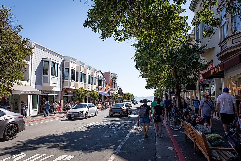 Bridgeway, the main street of Sausalito, California, boasts numerous shops, cafes, and tourist attractions in this resort town just north of San Francisco in Marin County.