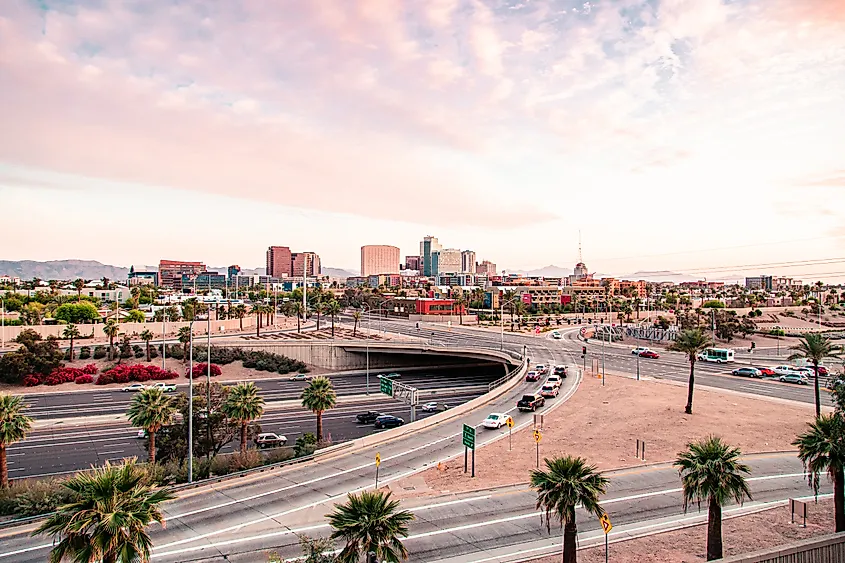 Downtown Phoenix, Arizona, at dusk.