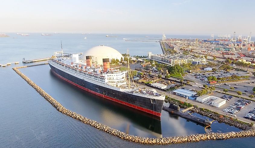 Aerial view of RMS Queen Mary ocean liner, Long Beach