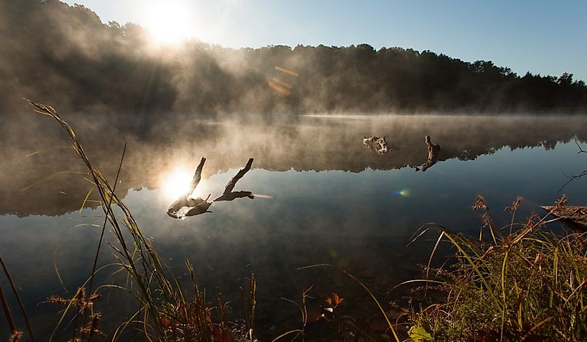 A foggy lake at dawn. Hocking Hills State Park, Ohio.