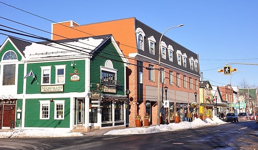 Colorful buildings on High Street in Wolfville, NS.