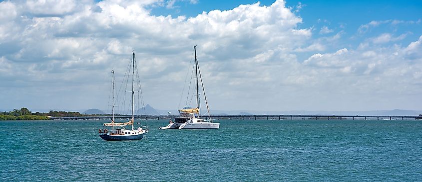 sailboats and the Iconic Bribie Island Bridge, Queensland, Australia