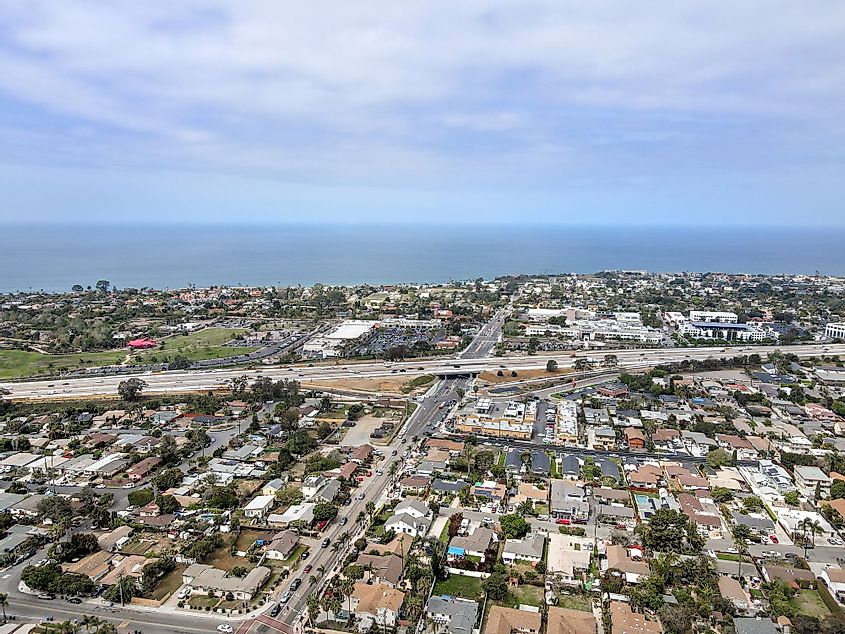 Aerial view of a highway in Encinitas town in San Diego County, California