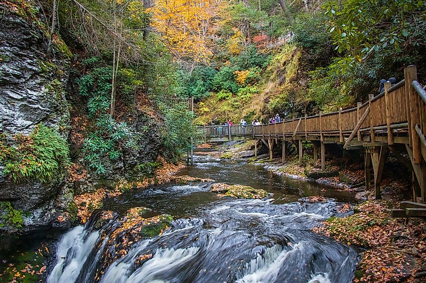 Hikers at Bushkill Falls in Pennsylvania in the fall