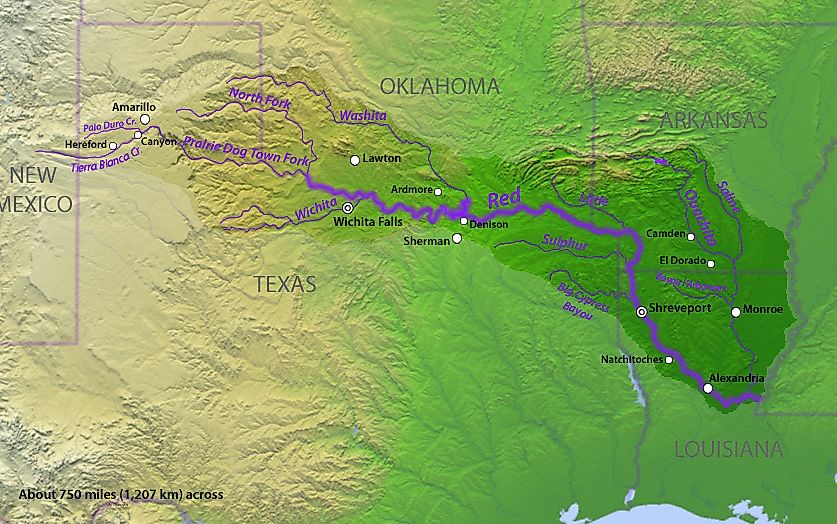 Map of the Red River of the South watershed, across the south-central United States. A tributary of the Mississippi River.
