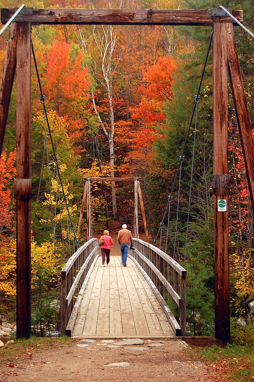 Suspension bridge during fall in the White Mountains near Jackson, New Hampshire. Editorial credit: James Kirkikis / Shutterstock.com