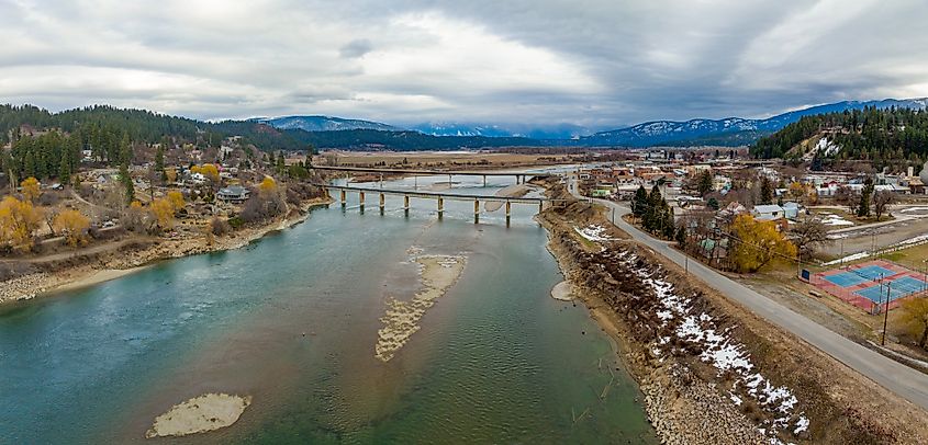 Aerial panoramic overhead view of Bonners Ferry, Idaho, USA, with the Kootenay River.