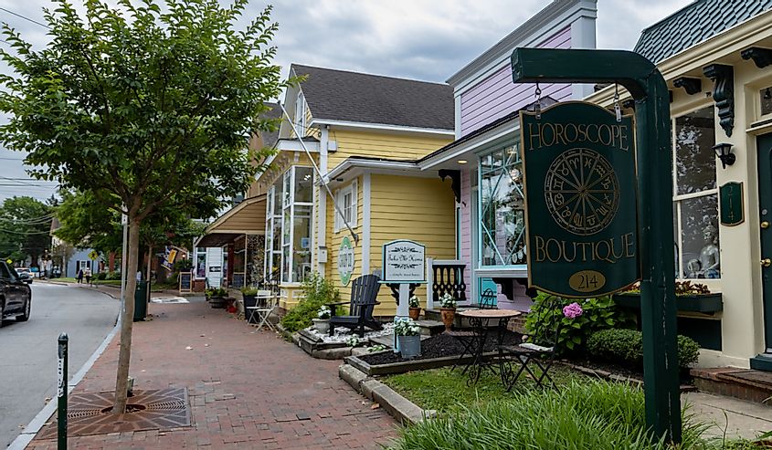 Colorful shops on Talbot Street in Saint Michaels, Maryland.