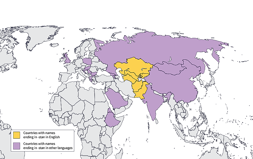 Countries in purple have names ending in -stan in several languages, countries in yellow end in -stan in the English languages