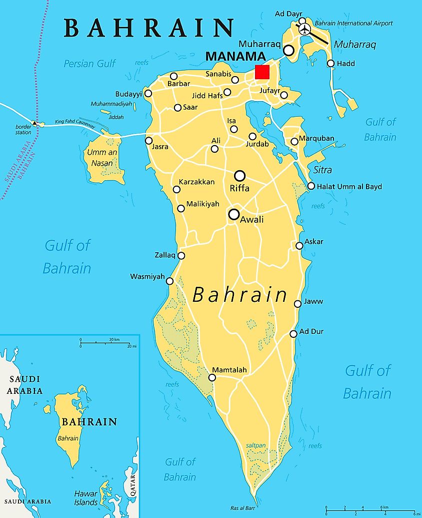 Map of Bahrain with the Gulf of Bahrain surrounding the country.