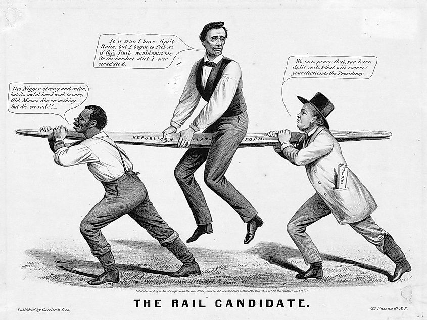 "The Rail Candidate", anti-Republican political caricature published by Currier and Ives in September 1860, showing Abraham Lincoln being carried on a fence-rail labeled "REPUBLICAN PLATFORM" by a black man and Horace Greeley (editor of the New York Tribune), alluding to Lincoln's nickname of the "rail-splitter".
