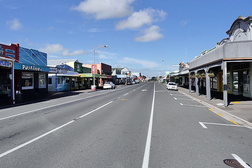 View of Main Road (State Highway 45) in Opunake, South Taranaki District, North Island, New Zealand
