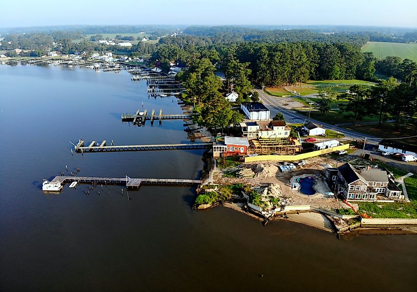 The aerial view of the waterfront homes with a private dock near Millsboro, Delaware