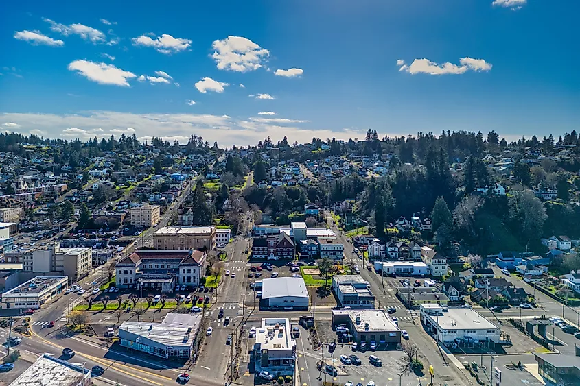 Aerial view of Astoria, Oregon, on the lower Columbia River.