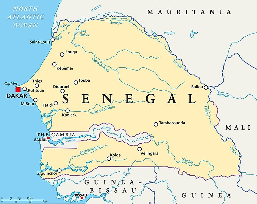 Senegal Political Map with capital Dakar, national borders, important cities, rivers and lakes. English labeling and scaling.