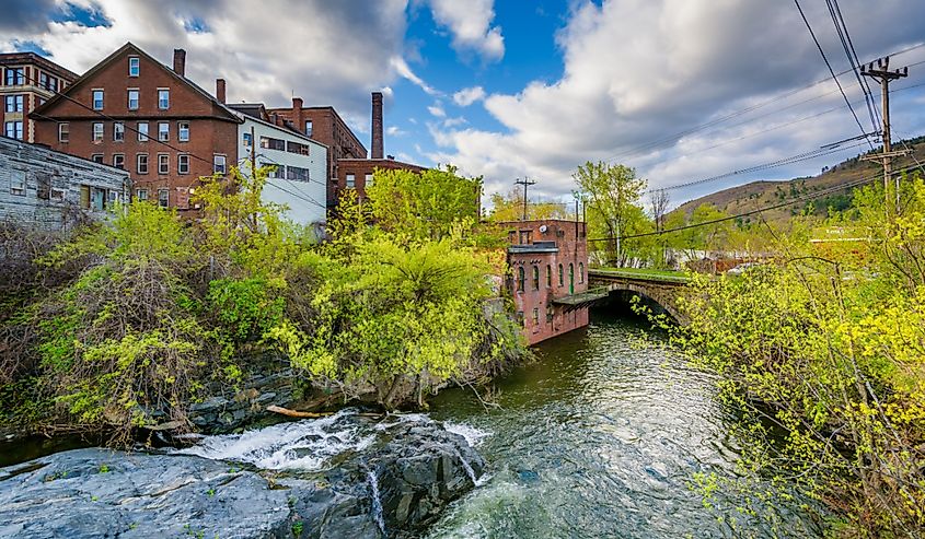 Cascades and old buildings along Whetstone Brook, in Brattleboro, Vermont.