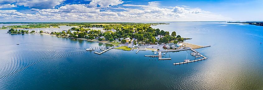 A panoramic aerial view of Oxford, Maryland.