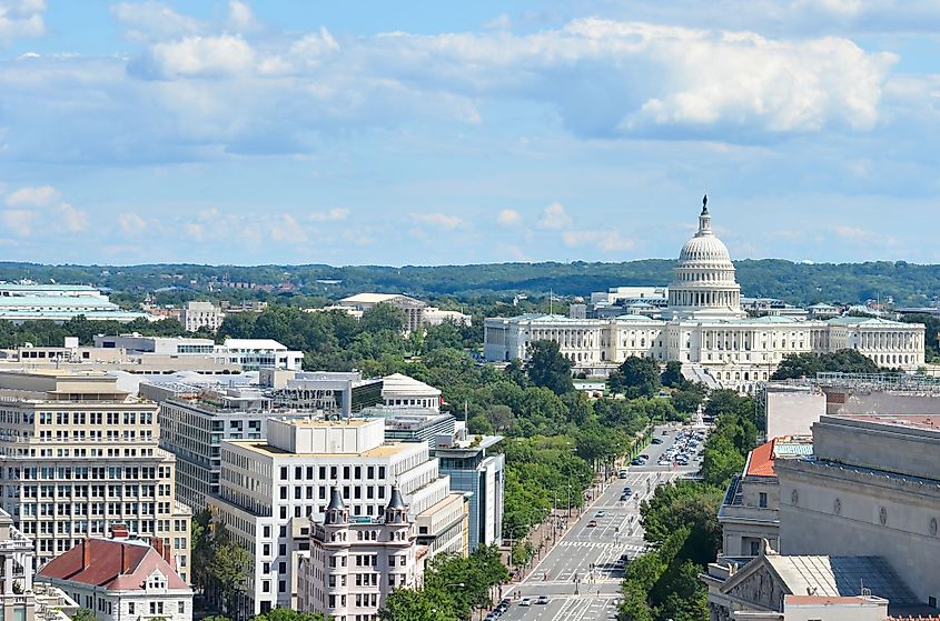 An aerial view of Pennsylvania Avenue with federal buildings in Washington DC