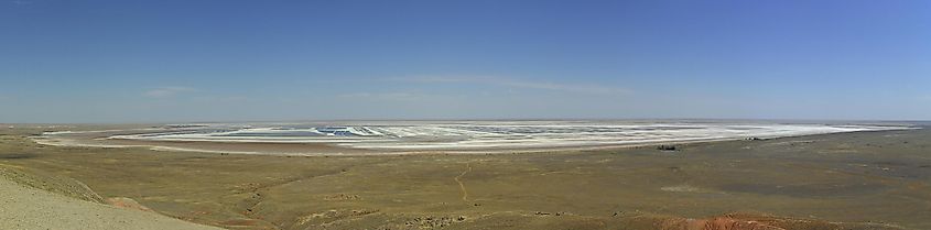 Salt lake Baskunchak (Russian: Баскунчак) in Astrakhan Oblast, Russia. A panoramic view from Big Bogdo mountain.