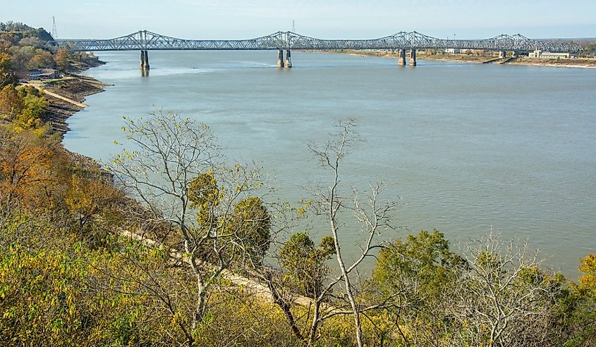 The Natchez–Vidalia Bridge over the Mississippi River seen from the Under The Hill district in Natchez, Adams County, Mississippi 