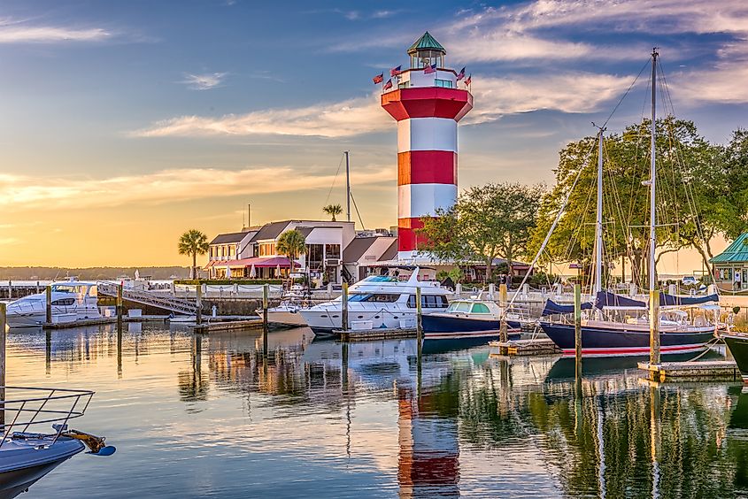 Hilton Head, South Carolina, lighthouse at dusk.