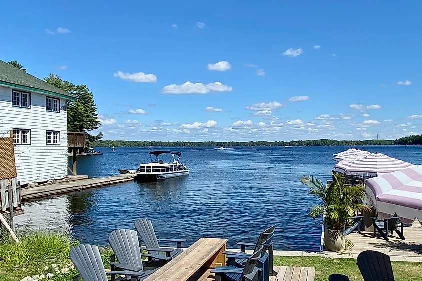 Pontoon boats on Muskoka Lakes, including Muskoka Lake restaurants in Bala. Image credit Bryan Dearsley