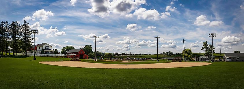  Panoramic photo of the Lansing family farmhouse and baseball diamond in Dyersville, Iowa, USA.