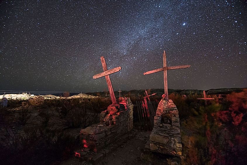 A view of the Historic Terlingua Cemetery on a starry night