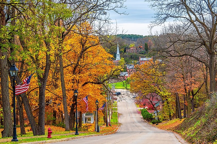 Fall foliage draping a street in Galena, Illinois.