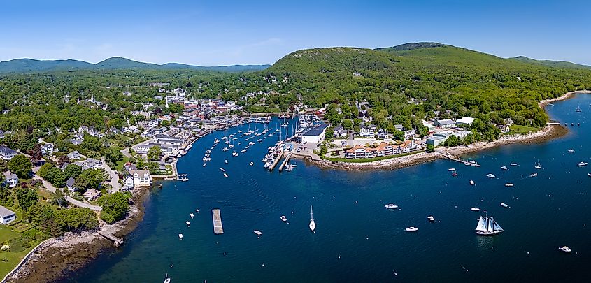 Aerial panoramic view of Camden, Maine