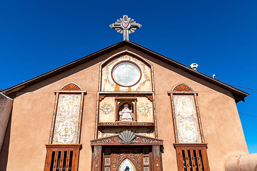 Santo Nino Chapel facade and exterior at El Santuario de Chimayo in Chimayo, New Mexico