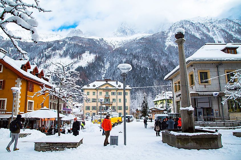 Street view of Chamonix town in French Alps, France