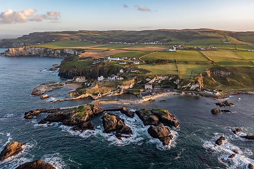 Aerial view of Ballintoy Harbour near Giant's Causeway, County Antrim, Northern Ireland, UK.