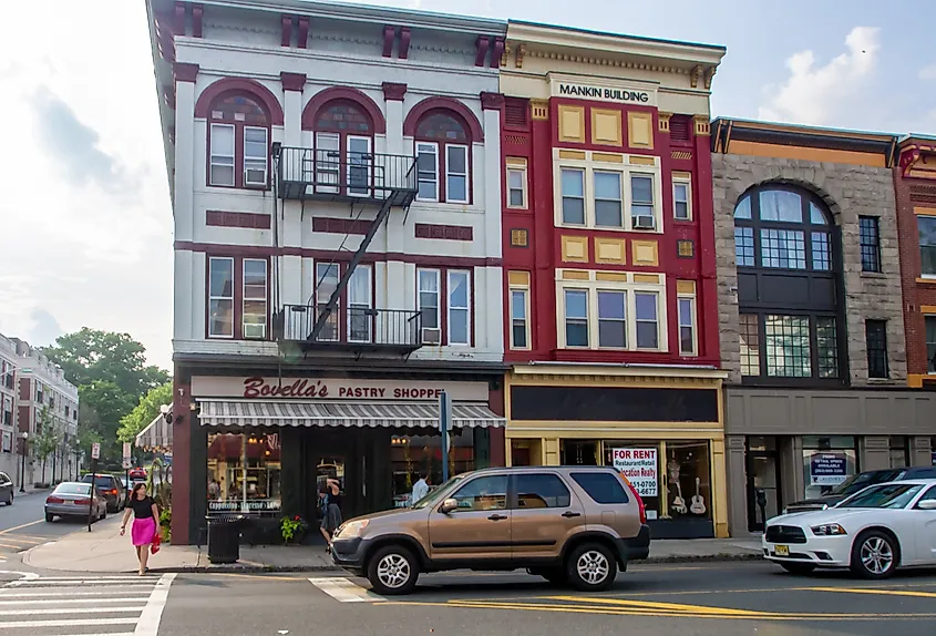 Classic red brick facade and street in downtown Westfield, New Jersey.