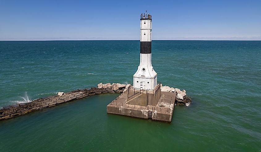 Aerial view of Conneaut West Breakwater Lighthouse in Ohio