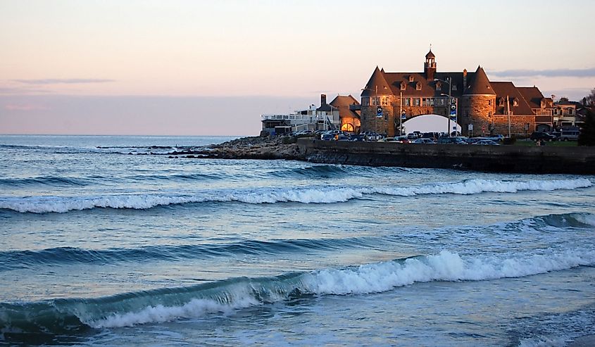 Narragansett Beach, Rhode Island with a historic building in the background, ocean views