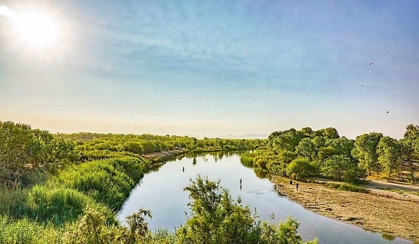 Colorado River stream near Yuma Arizona. Blue skies and green grass line the river.