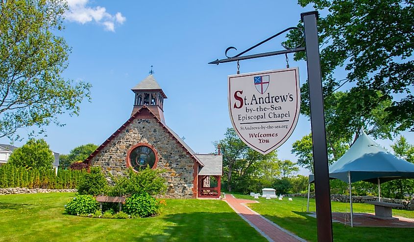 St. Andrew's by the Sea Episcopal Chapel at the coast of Atlantic Ocean in town of Rye, New Hampshire.