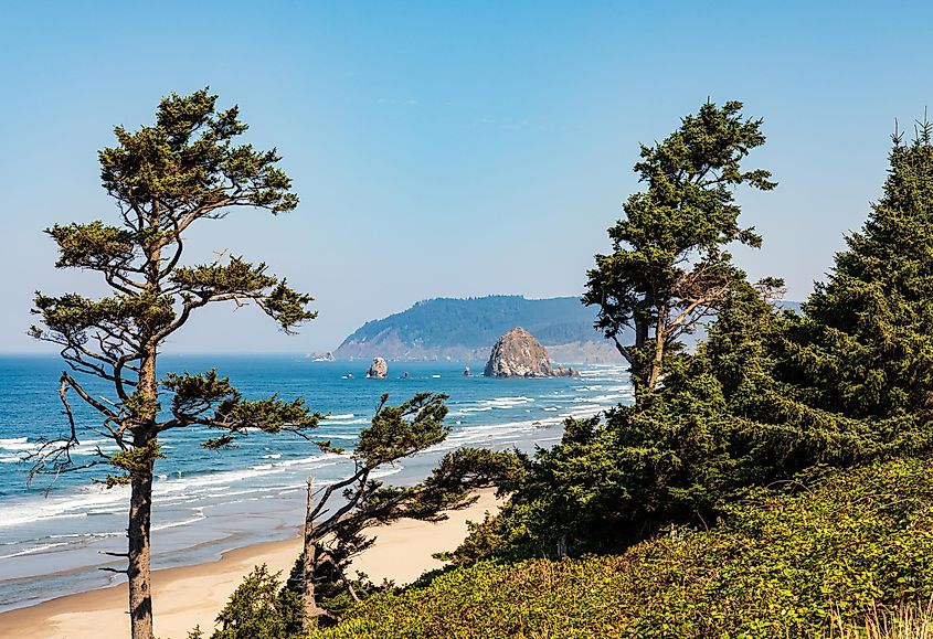 Cannon Beach in Oregon with view of the Haystack Rock in the distance.
